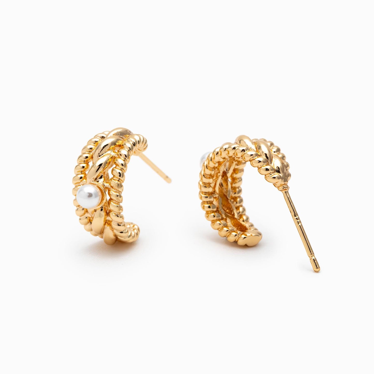 4 pcs Glass Pearl C Shape Earring, 18K Gold plated Brass, Filigree Hoop Earrings (GB-2619)