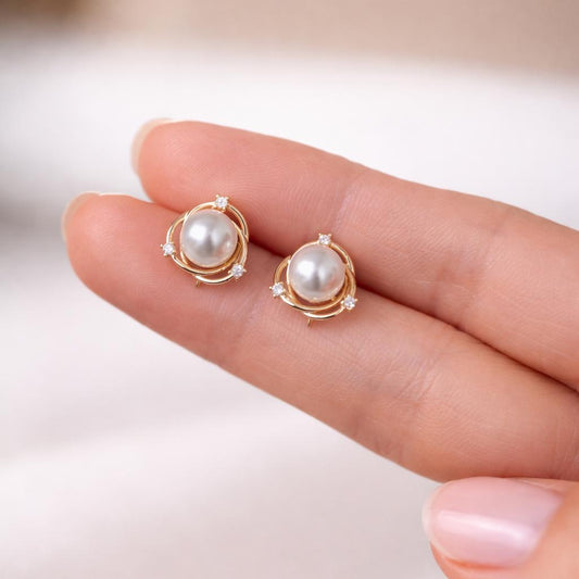 4pcs Glass Pearl Stud Earring With loop, 18K Gold/ Rhodium plated Brass (GB-2284)