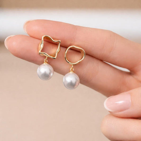 10pcs Gold Asymmetry Circle Square Earring Posts, Geometric Shape Earring, Half Drilled Pearl Mounts, Pearl Earring Settings (#GB-2941)