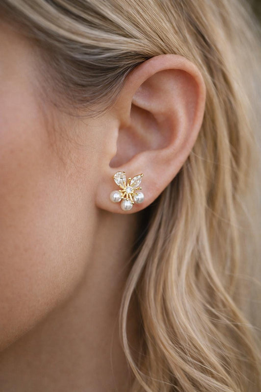 4pcs Faux Pearl Flower Stud Earrings, CZ Pave Earring, 18K Gold plated (GB-1728)