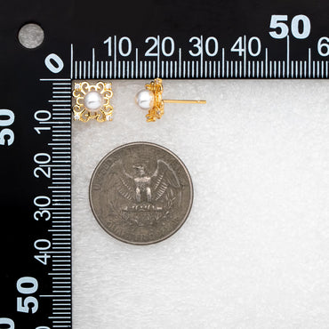4pcs Glass Pearl Filigree Flower Earrings, Real Gold Plated Brass, Dainty Stud Earrings (#GB-1541)