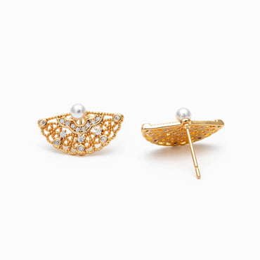 4pcs Glass Pearl Fan Shape Earrings, Real Gold Plated Brass, Dainty Fan Stud Earring (#GB-1587)