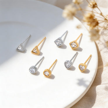 10pcs CZ Pave Gold/ Silver Round/ Triangle/ Rhombus/ Heart Earrings, Dainty Geometric Stud Earrings (GB-4743)