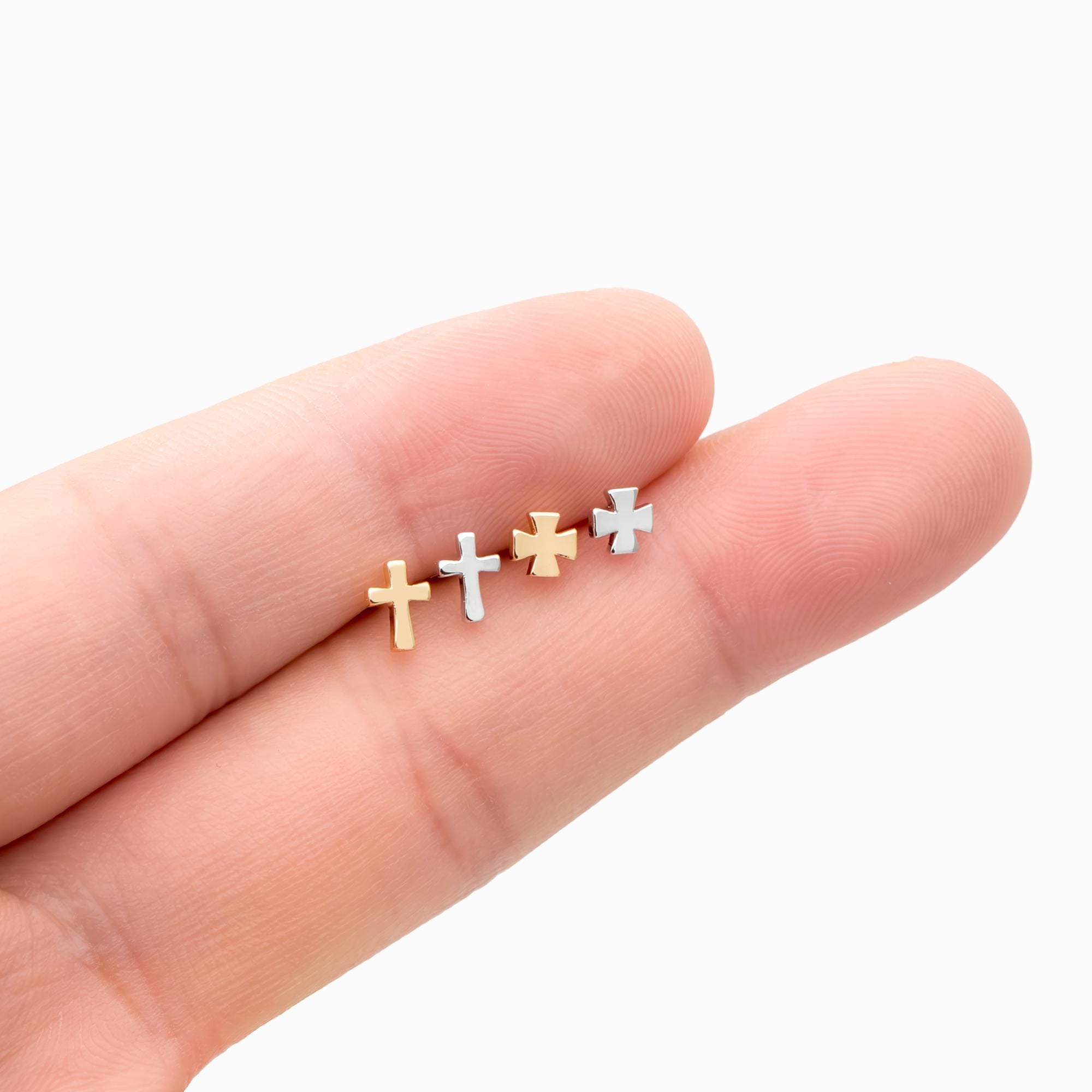 10pcs Gold/ Silver Tone Cross Earrings, Gold/ Rhodium Plated Brass Small Cross Stud Earring (#GB-4742)
