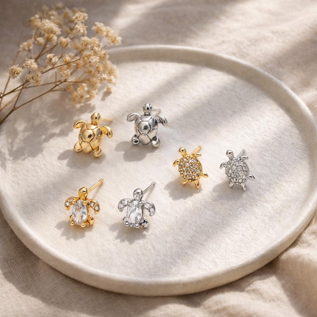 10pcs CZ Pave Gold/ Silver Tone Turtle Earrings, Gold/ Rhodium Plated Brass, Minimalist Stud Earrings (GB-3845)