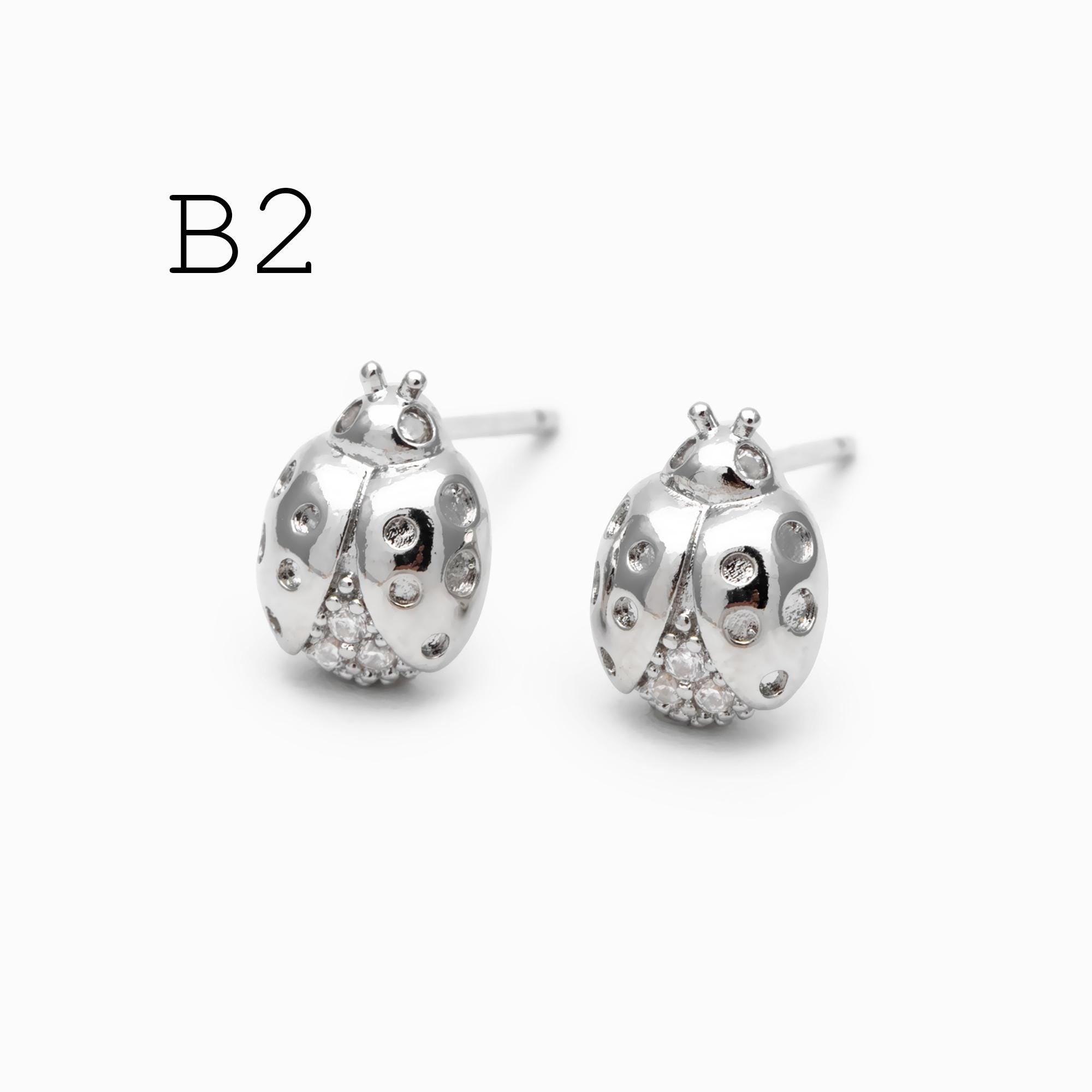 10pcs CZ Pave Flower/ Ladybug Earrings, Gold/ Rhodium plated Brass Dainty Stud Earrings (GB-4765)