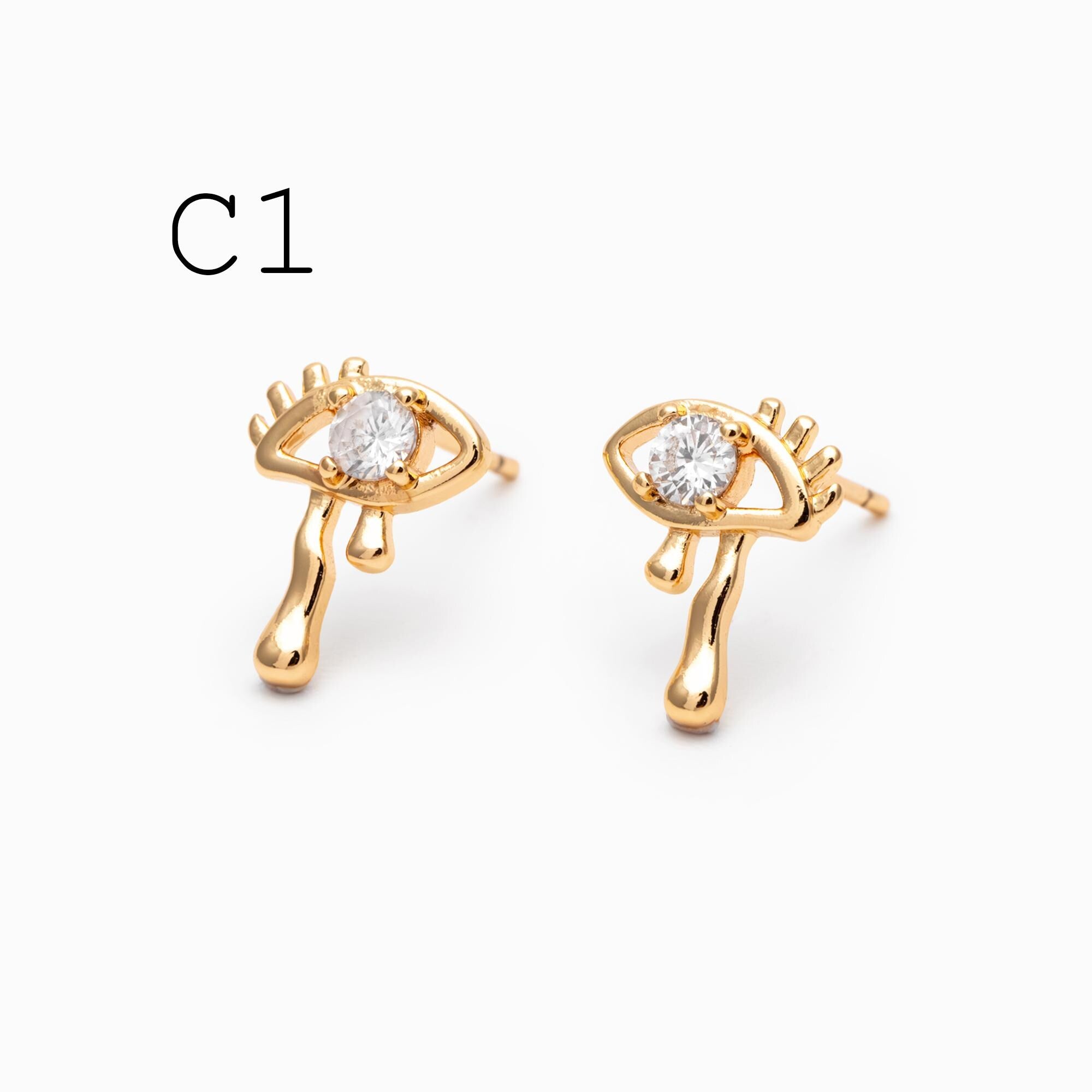 10pcs CZ Pave Gold/ Silver Heart Wing and Eye Earrings, 18K Gold/ Rhodium Plated Brass, Dainty Stud Earrings (GB-4766)
