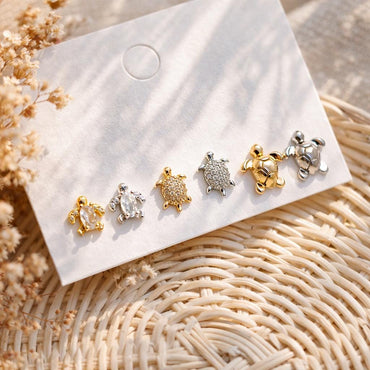 10pcs CZ Pave Gold/ Silver Tone Turtle Earrings, Gold/ Rhodium Plated Brass, Minimalist Stud Earrings (GB-3845)