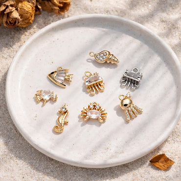4pcs CZ Pave Gold/ Silver Tiny Marine Animal Charm, Ocean Charm, Earring Charm, Beach Jewelry (GB-3781)