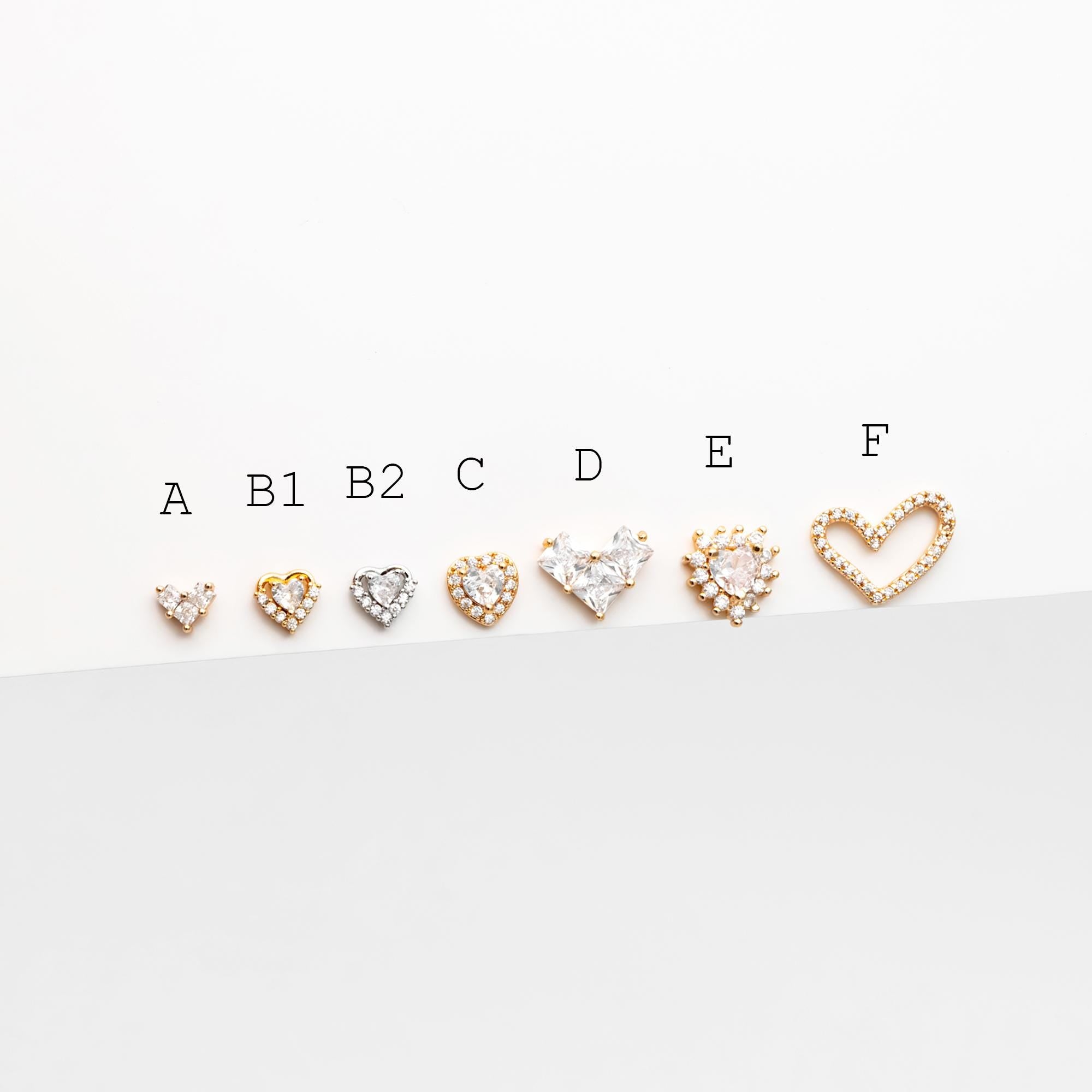4pcs CZ Pave Heart Ear Posts, Gold Plated Brass Stud Earrings, Jewelry Findings, Wholesale Supplies (GB-3115)