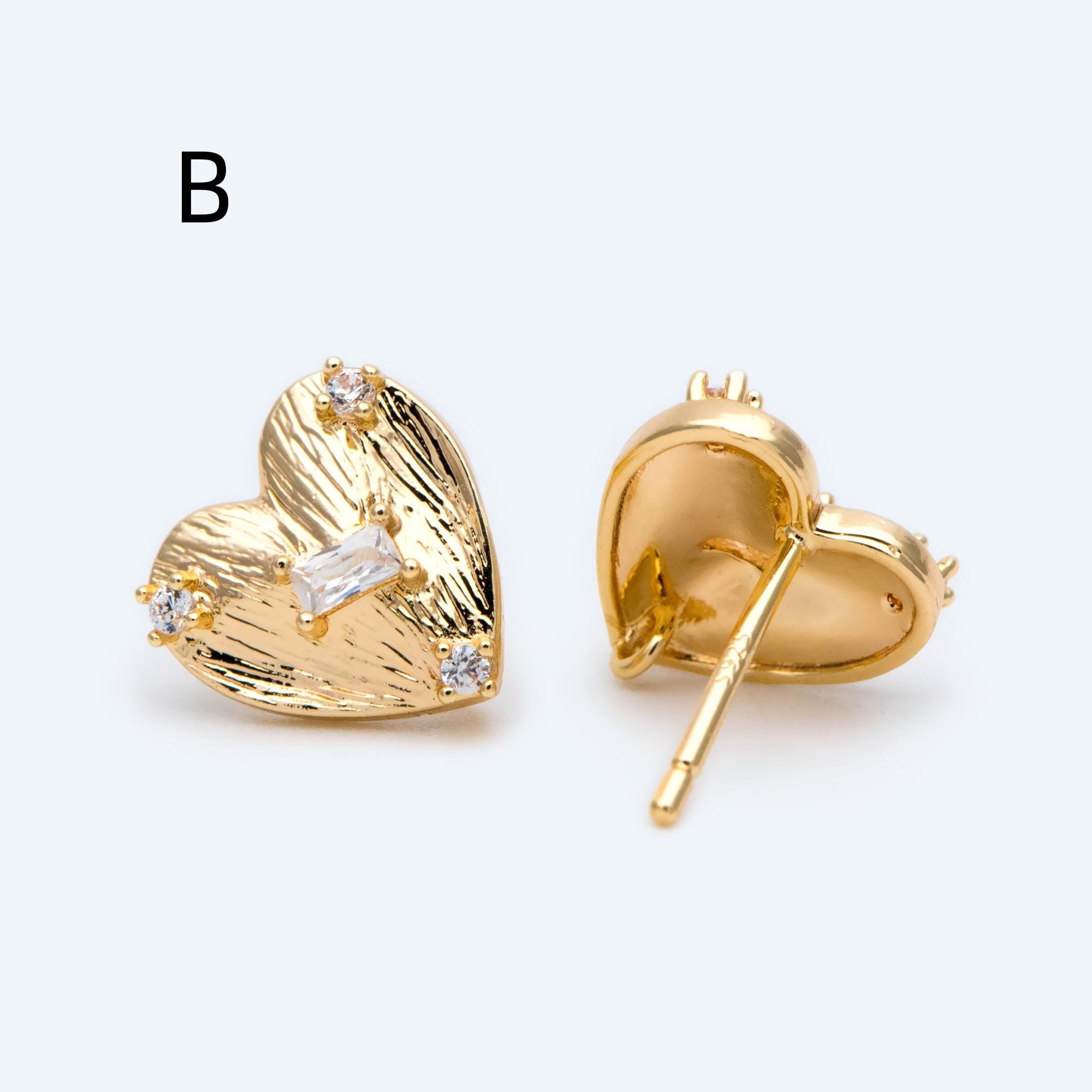 10pcs Gold Round/ Heart Earring with Loop, 18K Gold plated Brass, CZ pave Stud Earring Components (GB-1640)
