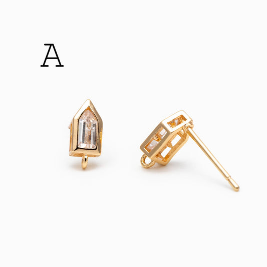4pcs CZ Pave Geometric Earring Stud with Loop, 18K Gold plated Brass Earring Findings (#GB-3329)