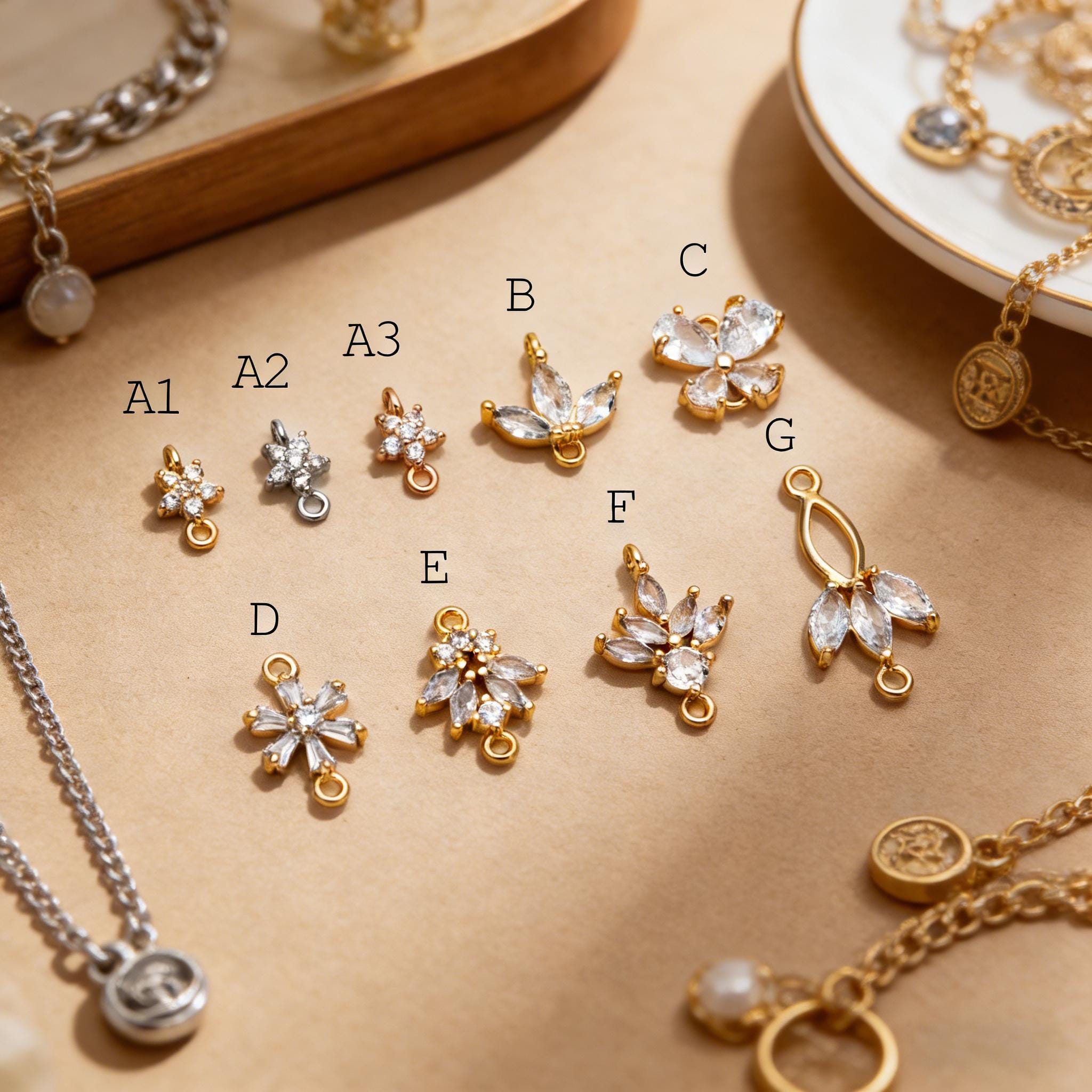 10pcs CZ Pave Flower Leaf Connector, 18K Gold plated Brass, Dainty Connector Charms (GB-3670)