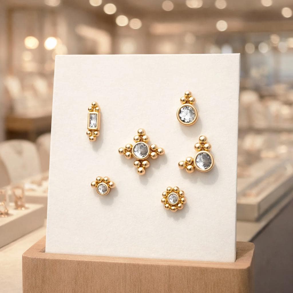 10pcs CZ Pave Round Trinity Ear Posts 12x8.5mm, Gold Plated Brass Dainty Stud Earrings (GB-3642)