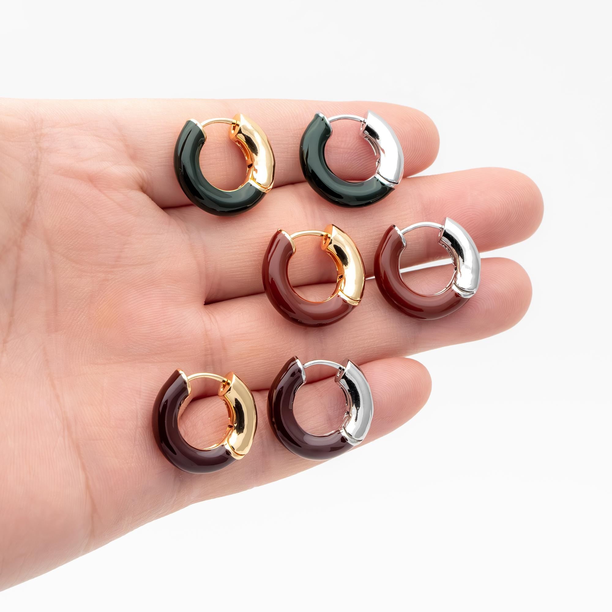 4pcs Enamel Hoop Earrings, 18K Gold/ Rhodium plated Brass, Minimalist Circle Huggies (GB-4767)