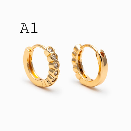 4pcs CZ Pave Gold/ Silver Tone Hoop Earrings, Gold/ Rhodium plated Brass, Dainty Round Huggie Earrings (GB-4770)