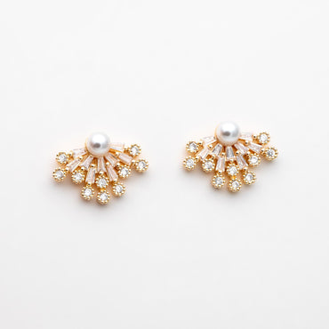 4pcs Gold CZ Pave Elegant Glass Pearl Fan Shaped Earrings – Gold Plated Statement Jewelry (#GB-3148)
