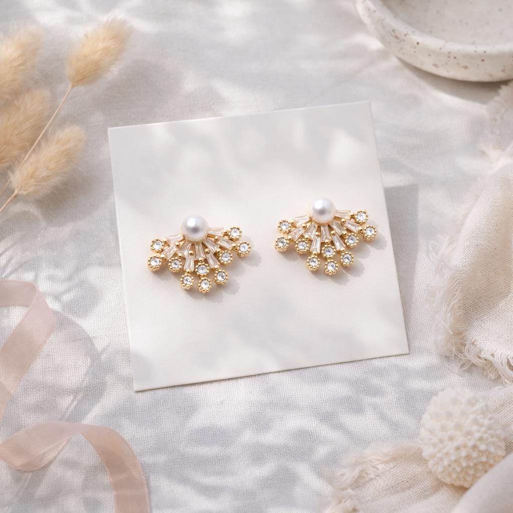 4pcs Gold CZ Pave Elegant Glass Pearl Fan Shaped Earrings – Gold Plated Statement Jewelry (#GB-3148)