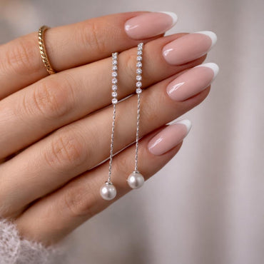 4pcs CZ Pave Gold/ Silver Chain Stud Earring With Glass Pearl (#GB-2983)