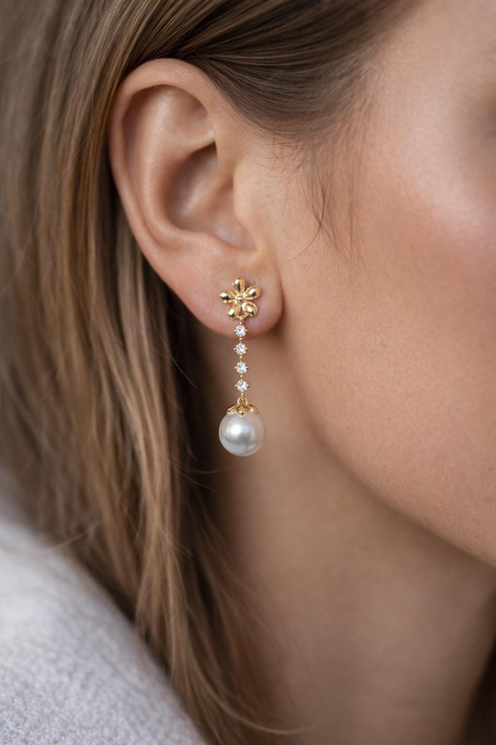 4pcs Gold Flower Earring With Glass Pearl (GB-2973)