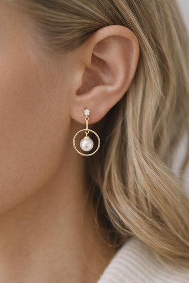 CZ Pave Elegant Gold Hoop Earrings with Glass Pearl Drop (#GB-3751-A)