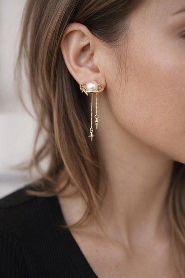 4pcs Gold Saturn Star Stud Earring, Glass Pearl & Star Drop Earrings (#GB-2942)