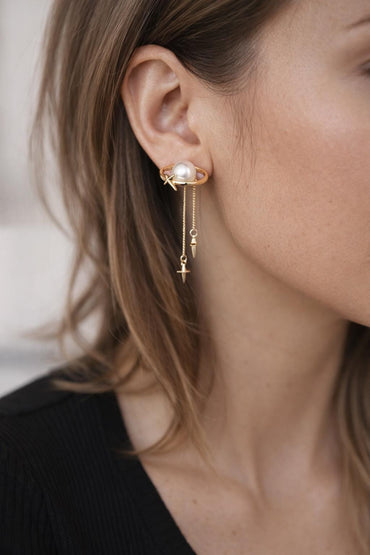 4pcs Gold Saturn Star Stud Earring, Glass Pearl & Star Drop Earrings (#GB-2942)