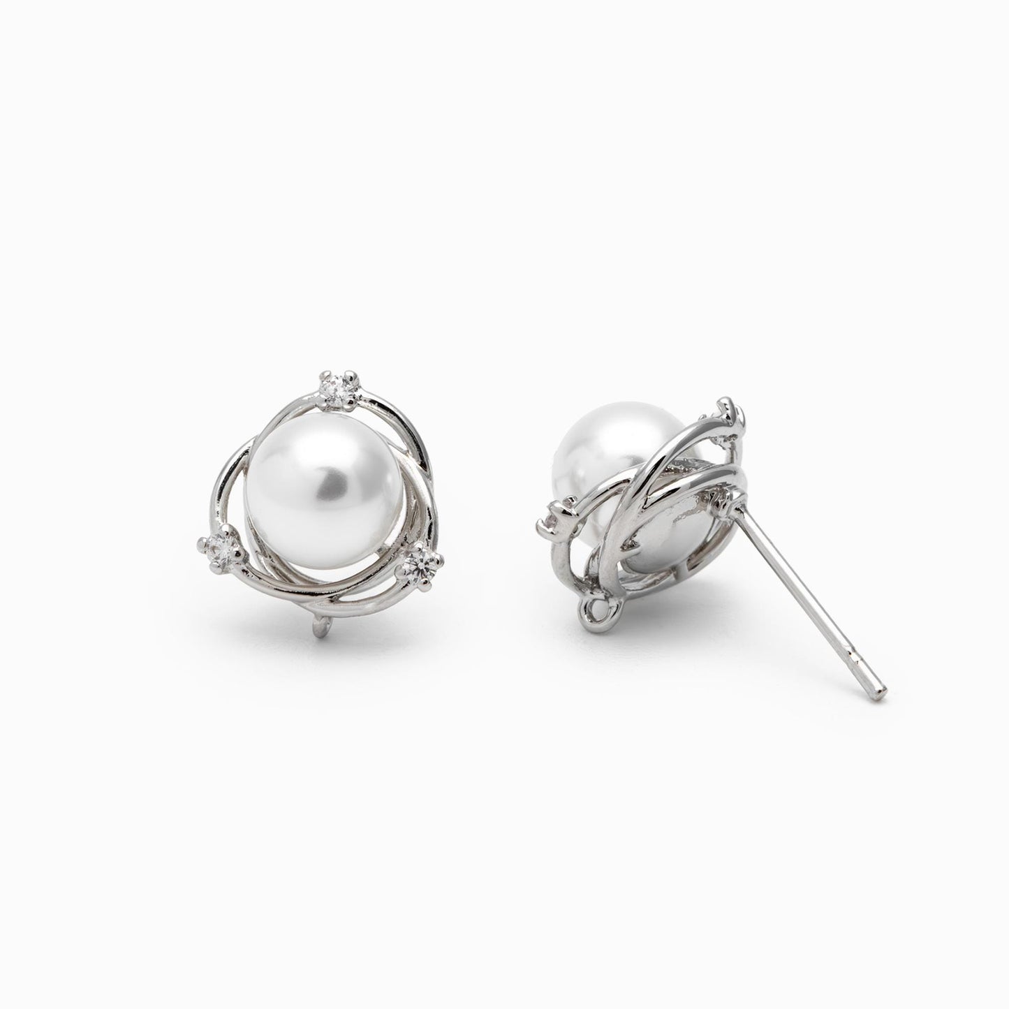 4pcs Glass Pearl Stud Earring With loop, 18K Gold/ Rhodium plated Brass (GB-2284)