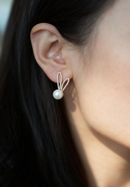 2pcs CZ Pave Rabbit Stud Earring, 18K Gold plated Bunny Earrings with Glass Pearl (#GB-1776)