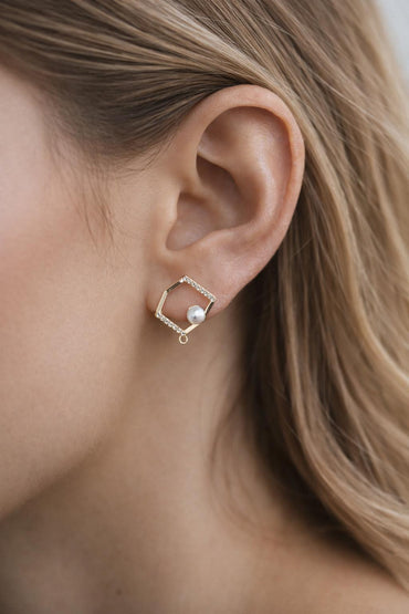 10pcs CZ pave Irregular Earring with loop 15x14mm, Pearl Peg Earring Mounts,Half Drilled Pearl Earring Settings (GB-1542)