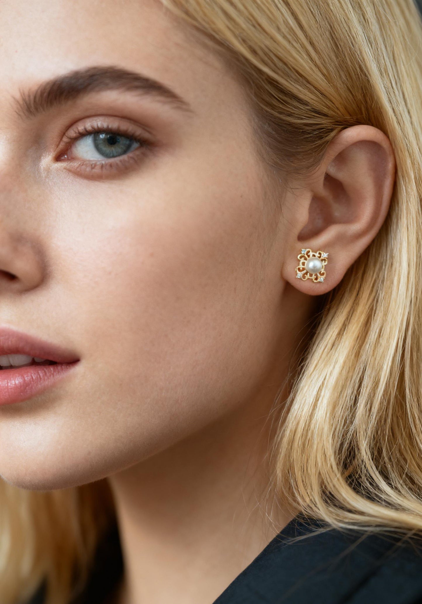 4pcs Glass Pearl Filigree Flower Earrings, Real Gold Plated Brass, Dainty Stud Earrings (#GB-1541)