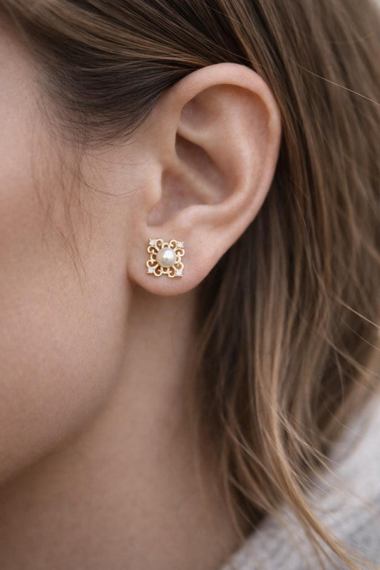 4pcs Glass Pearl Filigree Flower Earrings, Real Gold Plated Brass, Dainty Stud Earrings (#GB-1541)