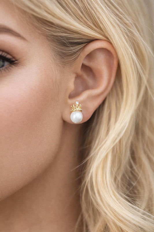 4pcs Glass Pearl Crown Earrings, 18K Gold plated Brass, Dainty Stud Earrings(#GB-431)