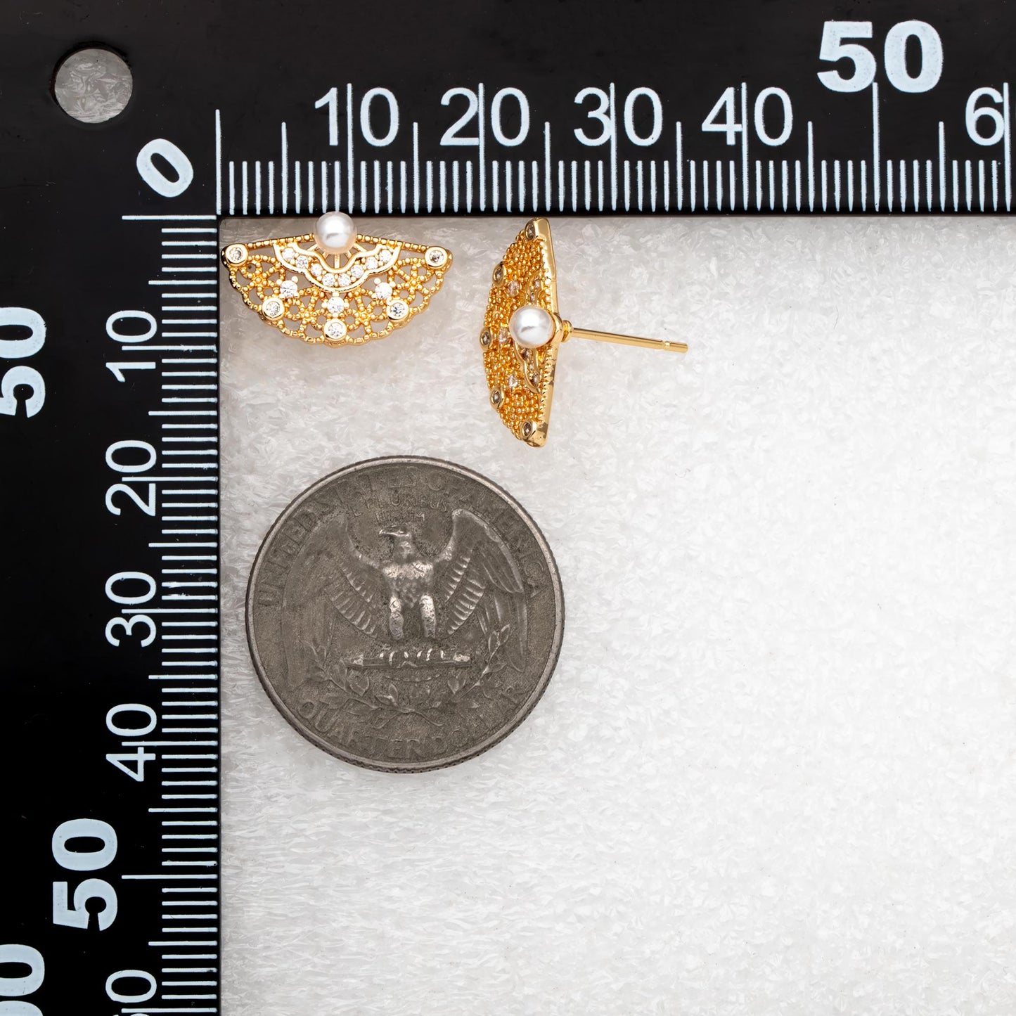 4pcs Glass Pearl Fan Shape Earrings, Real Gold Plated Brass, Dainty Fan Stud Earring (#GB-1587)