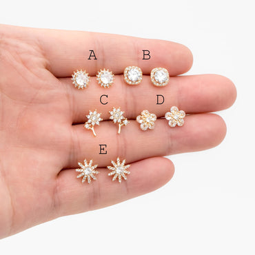4pcs CZ Pave Gold Flower Earrings, Gold Plated Brass, Jewelry Making, Diy Material, Jewelry Supplies (GB-3371)