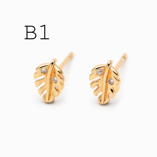 10pcs CZ Pave Gold/ Silver Flower Leaf Earrings, 18K Real Gold/ Rhodium Plated Brass, Dainty Stud Earrings (GB-3381)