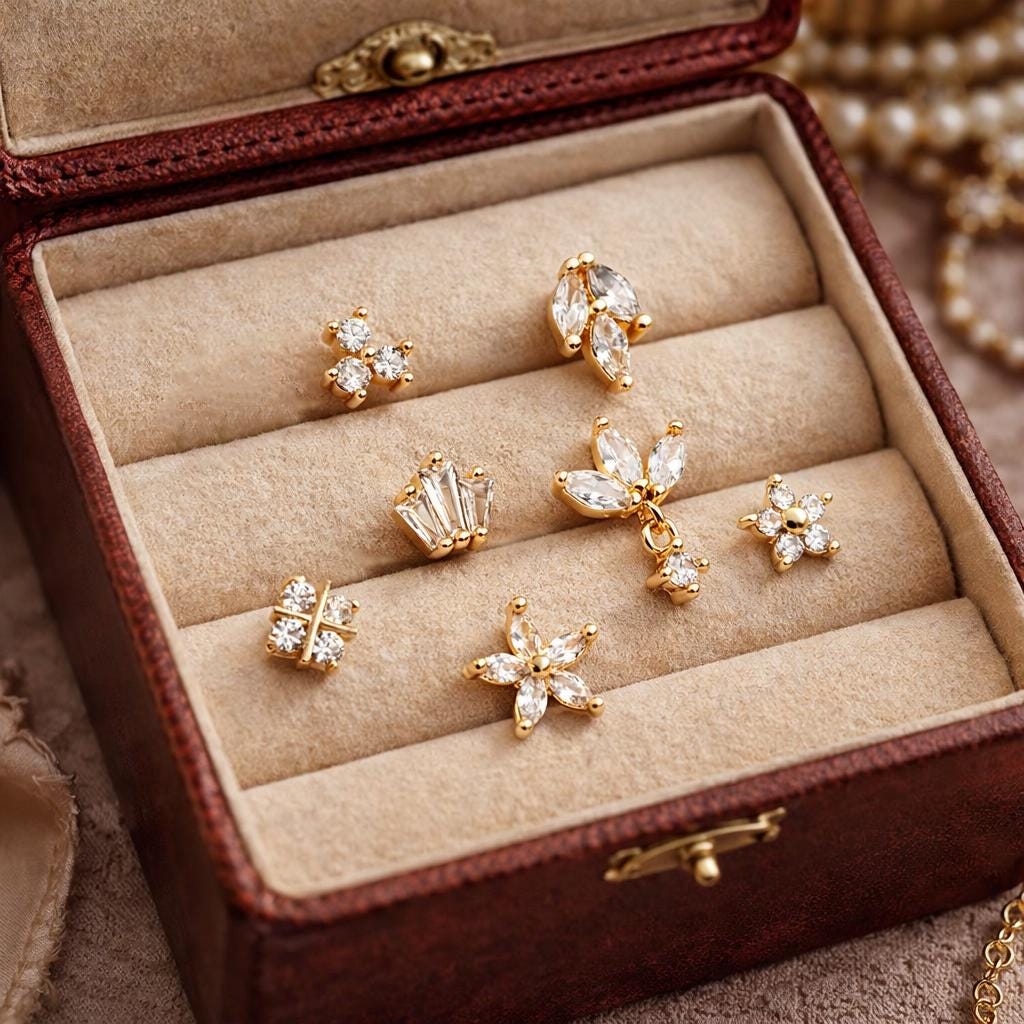 10pcs CZ Pave Flower Ear Posts: 18K Gold Plated Brass Stud Earrings (GB-3395)