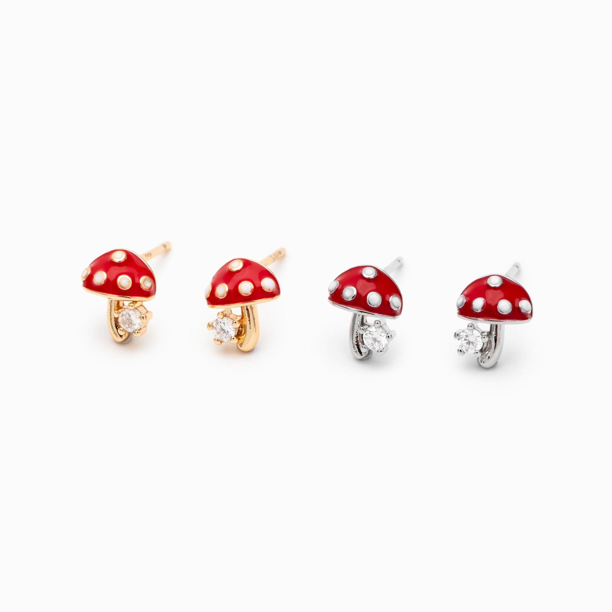 10pcs Enamel Mushroom Earrings, Gold/ Rhodium Plated Brass, Minimalist Stud Earring (GB-4772)