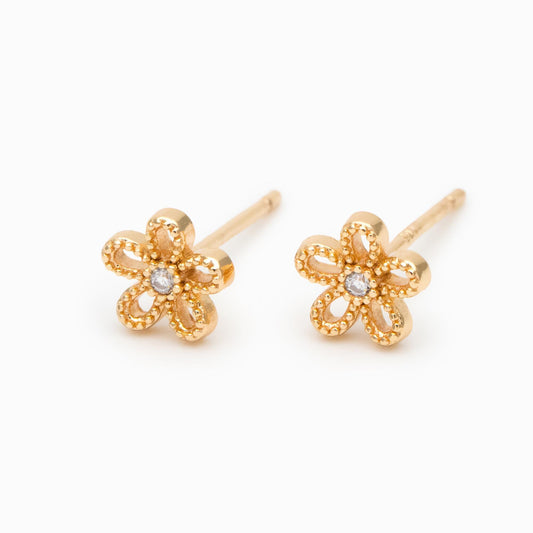 10pcs CZ Pave Gold/ Silver Flower Ear Posts 6mm, Gold/ Rhodium Plated Brass Stud Earrings, DIY Ear Findings (GB-3381)