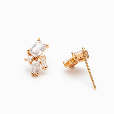 4pcs CZ Cluster Geometric Stud Earrings, 18K Gold Plated Brass, Cubic Zirconia Earrings (#GB-3633-C)