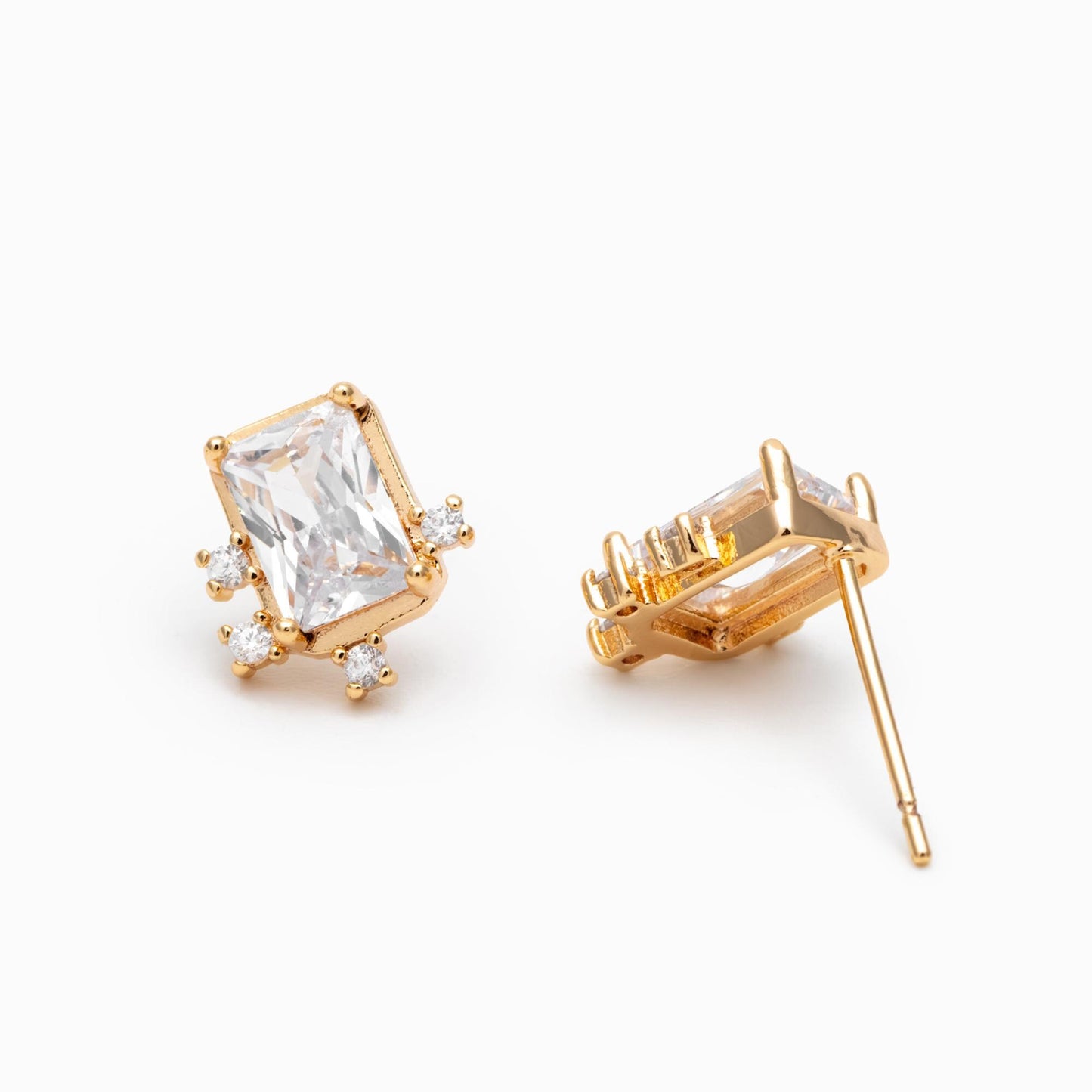 4pcs CZ Pave Rectangle Earrings, 11x10mm, Real Gold Plated Brass, Dainty Geometric Earring Studs (#GB-3633-G)