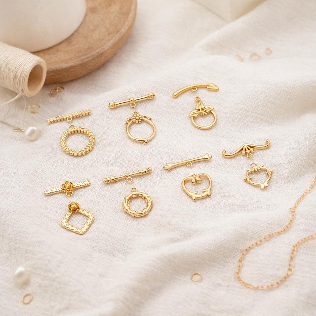 10 sets Gold Toggle Clasp, Real Gold plated Brass, Easy Close Clasp (GB-2563)