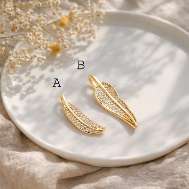 4pcs CZ pave Gold Leaf Charms, 18K Gold plated Brass, Dainty Feather Pendants (GB-2310)