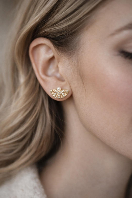 4pcs Glass Pearl Fan Shape Earrings, Real Gold Plated Brass, Dainty Fan Stud Earring (#GB-1587)