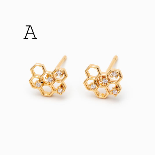 10pcs CZ Pave Gold Flower Bee Honeycomb Earrings, Gold Plated Brass, Dainty Flower Stud Earrings (GB-3896)