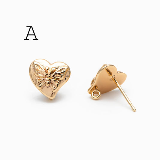 10pcs Gold Dragonfly Butterfly Heart Earring with Loop, Gold Plated Brass Stud Earrings, Jewelry Findings, Wholesale Supplies (GB-415)