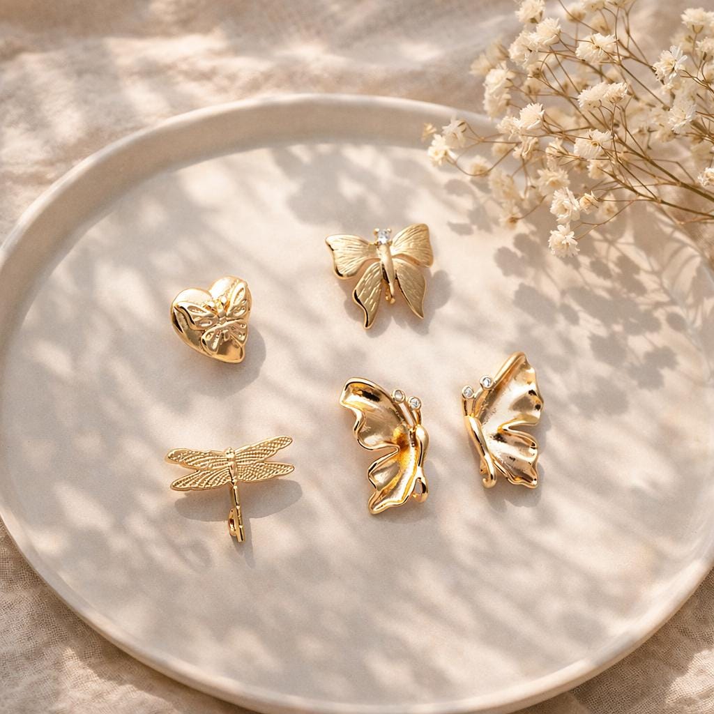 10pcs Gold Dragonfly Butterfly Heart Earring with Loop, Gold Plated Brass Stud Earrings, Jewelry Findings, Wholesale Supplies (GB-415)