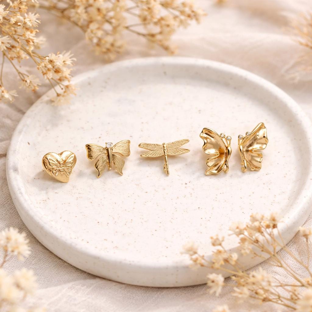 10pcs Gold Dragonfly Butterfly Heart Earring with Loop, Gold Plated Brass Stud Earrings, Jewelry Findings, Wholesale Supplies (GB-415)