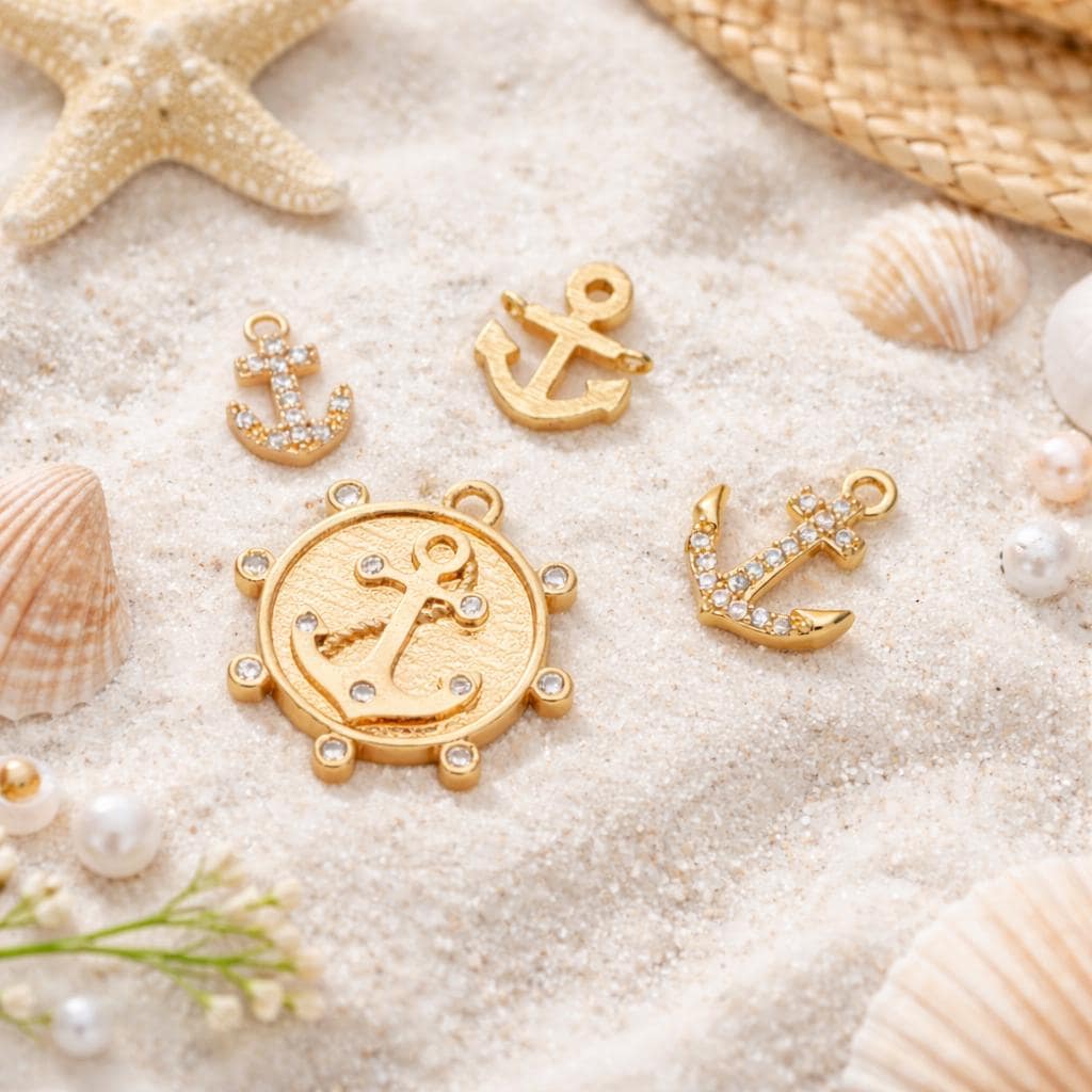 4pcs Gold Anchor Charms, Real Gold plated Brass, Dainty Nautical Earring Charms (GB-3746)