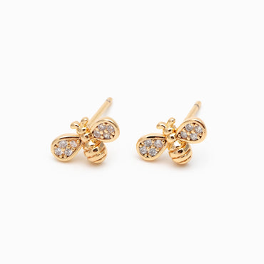10pcs CZ pave Gold Bee Earrings 7x10mm, Real Gold Plated Brass Stud Earrings (GB-3896-C)